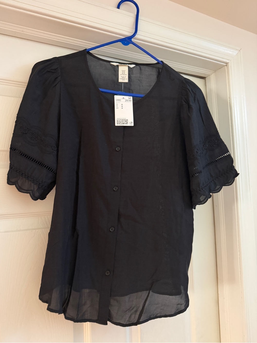 H&M Black Button-Front Puff Sleeve Blouse